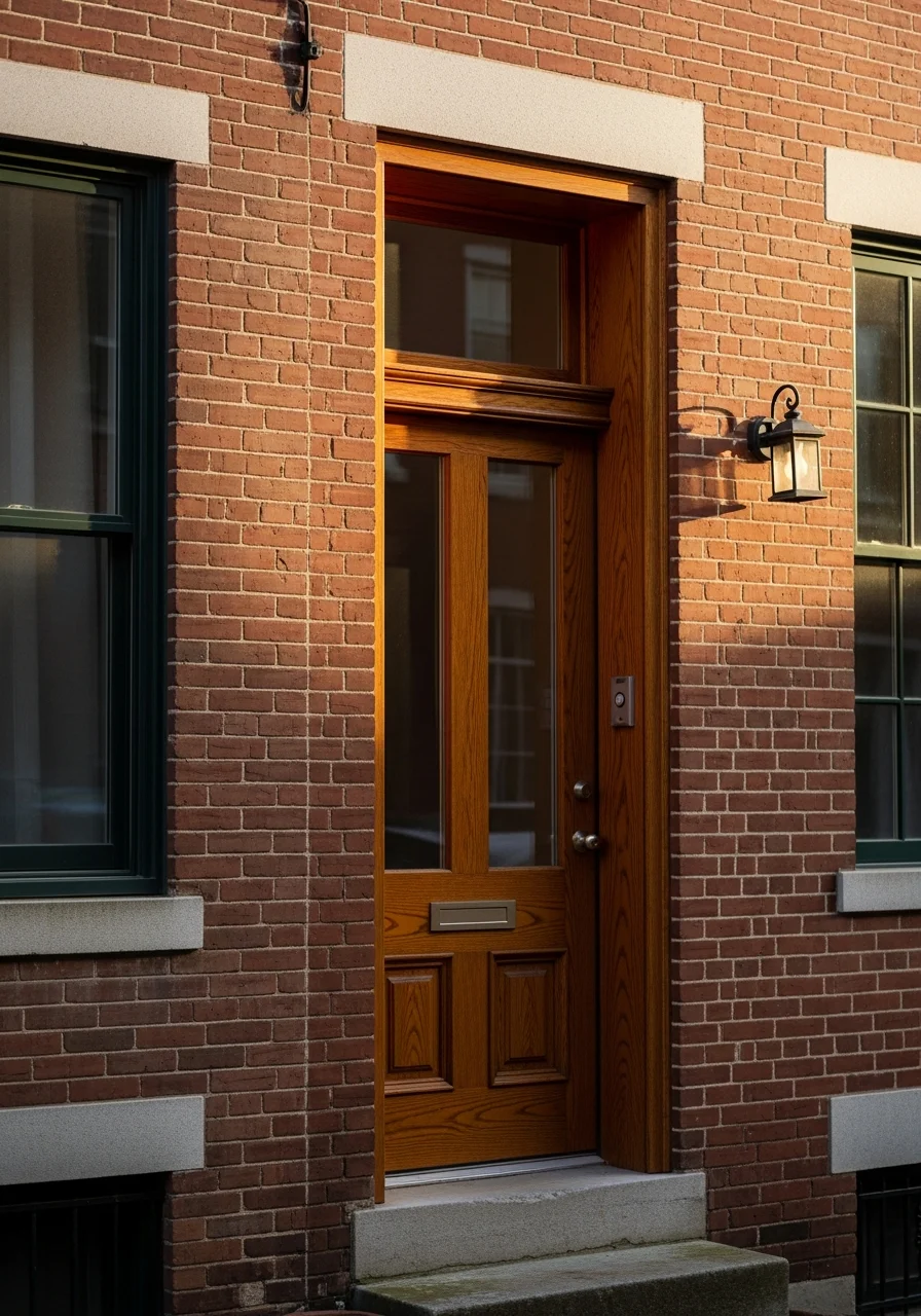 Close-up of a restored Baltimore rowhouse entrance with traditional door and window trim.