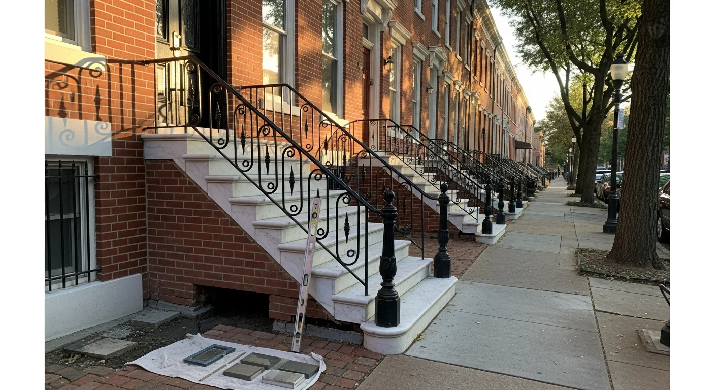 Historic Baltimore rowhouses with brick facades and marble steps on a tree-lined street in Federal Hill.