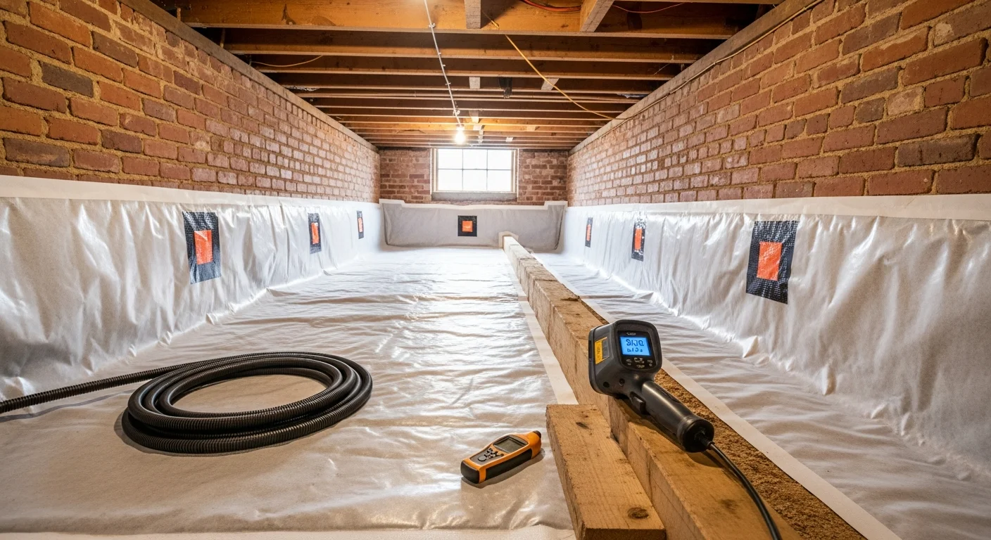 A sealed crawlspace beneath a Baltimore City home showing a white heavy-duty vapor barrier covering the dirt floor and foundation walls, with closed crawlspace vents visible along the perimeter. The space is dry and free of visible mold or standing water following professional encapsulation work by Accurate Builders Of The Chesapeake.