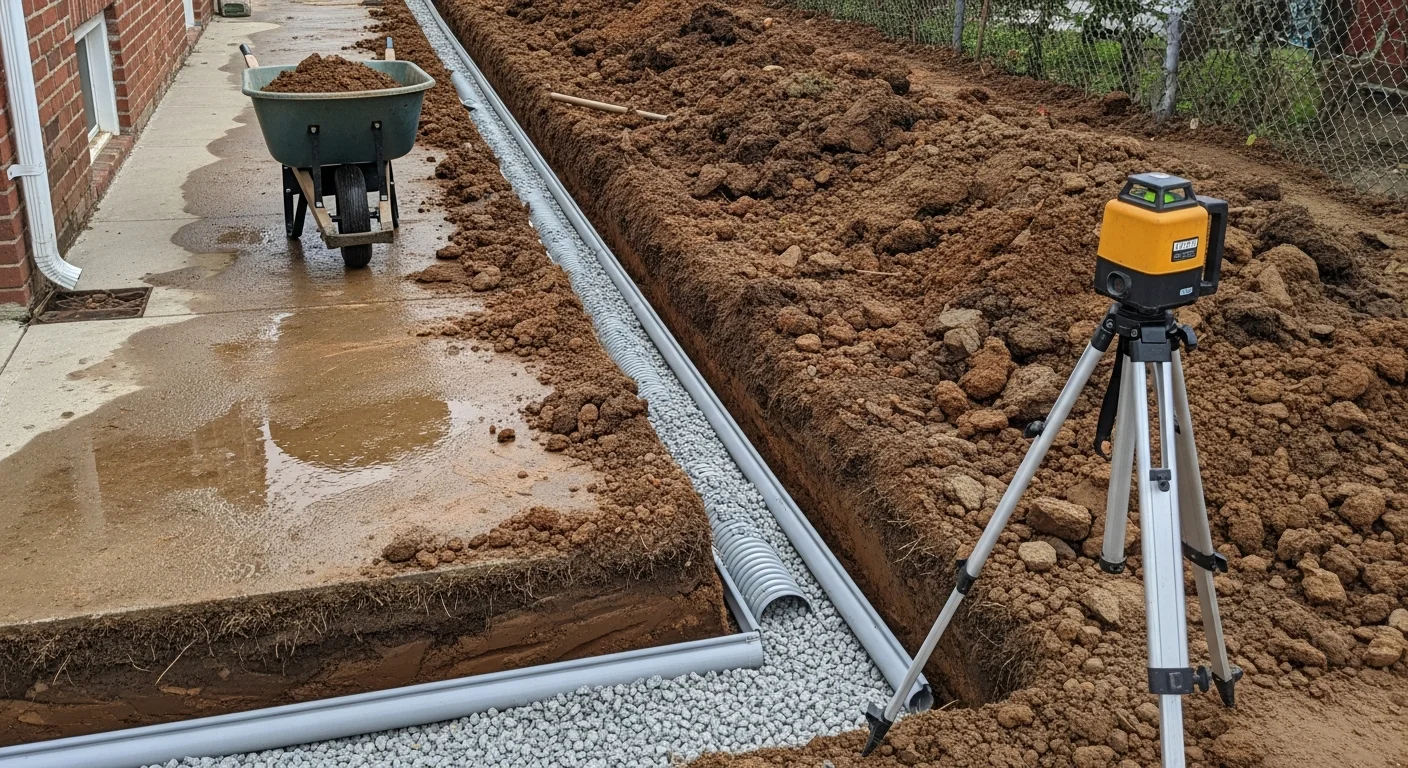A freshly excavated drainage trench running alongside a Baltimore City residential foundation, with exposed soil and a newly installed perforated drain pipe visible before backfilling. The surrounding yard shows clay-heavy soil typical of Baltimore properties.