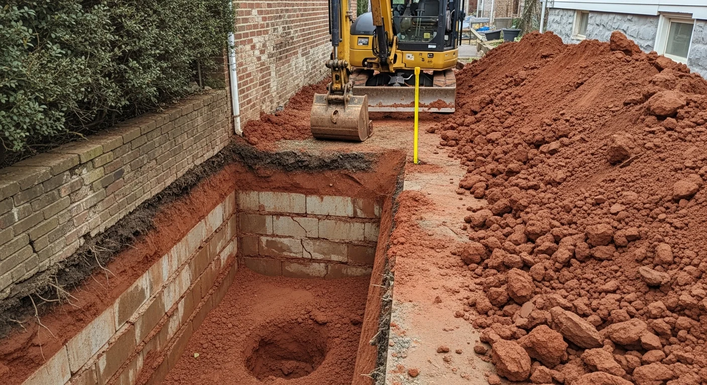 Exterior excavation in progress along the foundation wall of a Baltimore City home, with soil removed to footing depth and the concrete block foundation wall fully exposed. A compact excavator works in a narrow side yard typical of Baltimore row home lots.