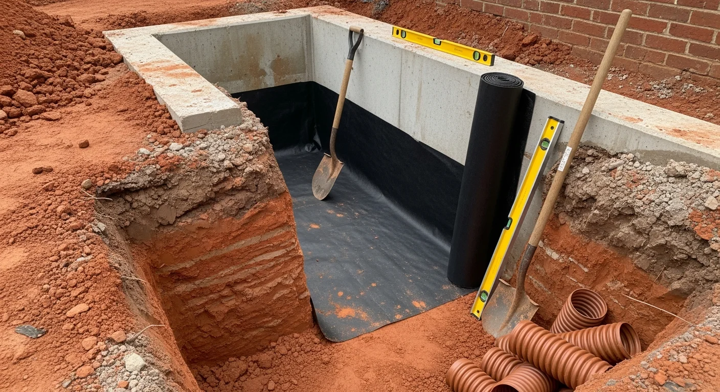 Exterior foundation wall of a Baltimore City home with waterproof membrane applied after excavation, showing exposed concrete block foundation and graded soil drainage along the perimeter.