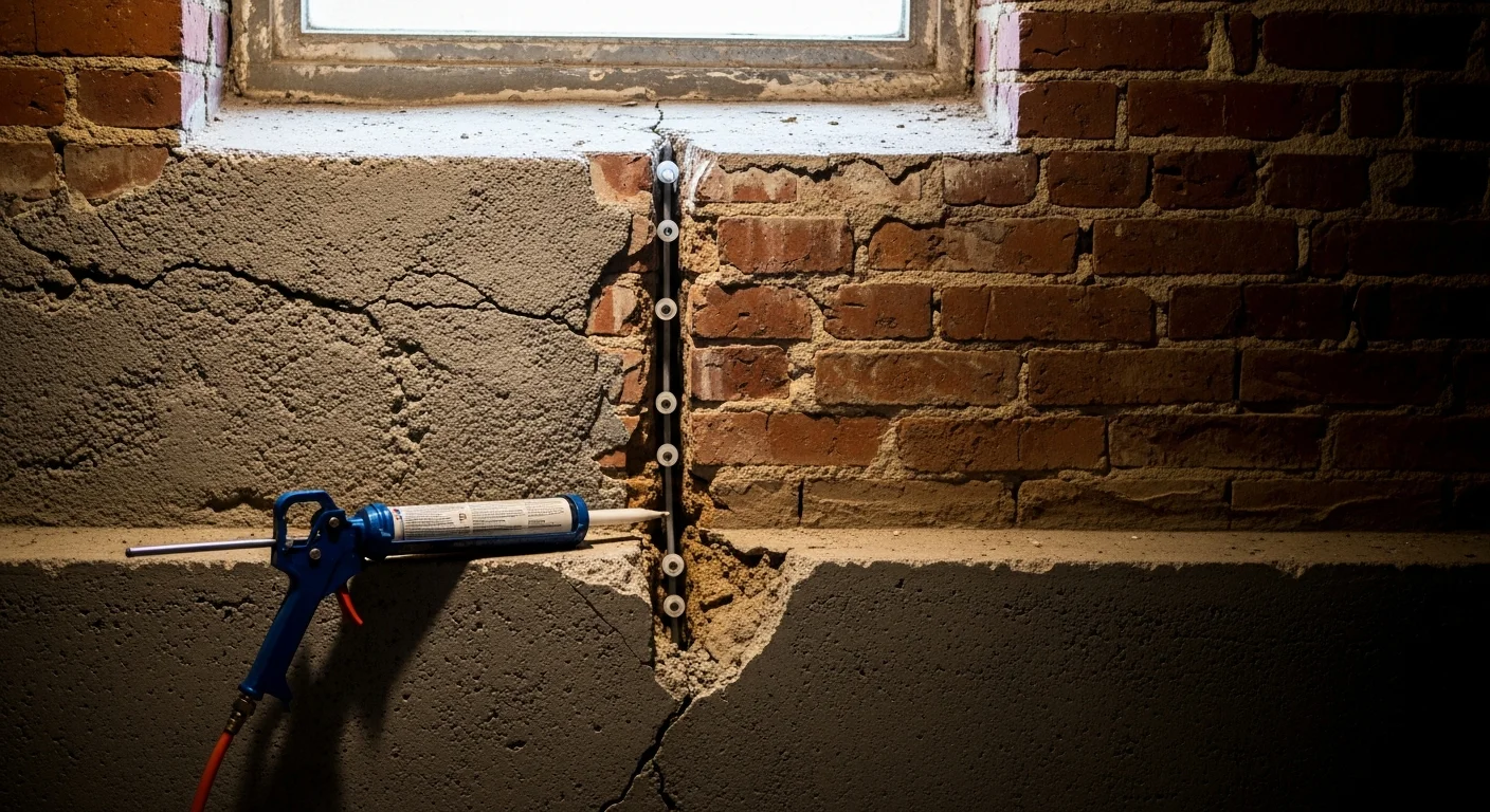 A Baltimore City basement wall showing repaired stair-step and horizontal foundation cracks, with freshly sealed concrete block joints and no visible water staining. The repair work is set in a typical older Baltimore rowhome basement with exposed block foundation walls.