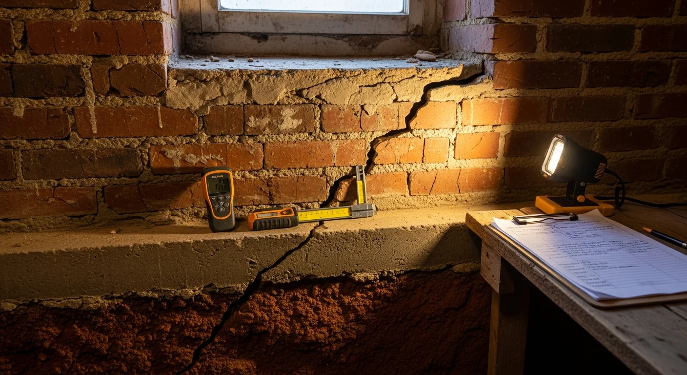 A foundation inspector examining a cracked brick basement wall inside a Baltimore City rowhouse. Stair-step crack patterns are visible along the mortar joints near the base of the wall.