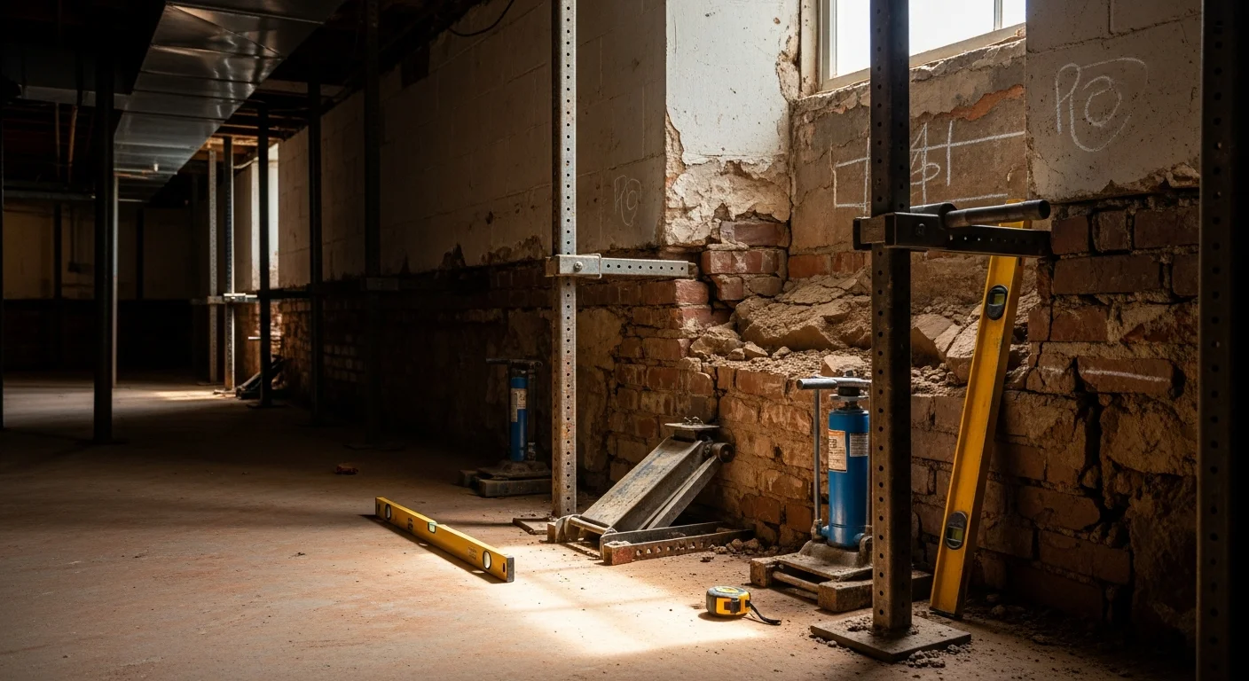 A Baltimore City row home basement showing a repaired and stabilized concrete block foundation wall with no visible cracks or bowing. The repair work reflects conditions common to older Baltimore brick and block structures affected by clay soil movement.