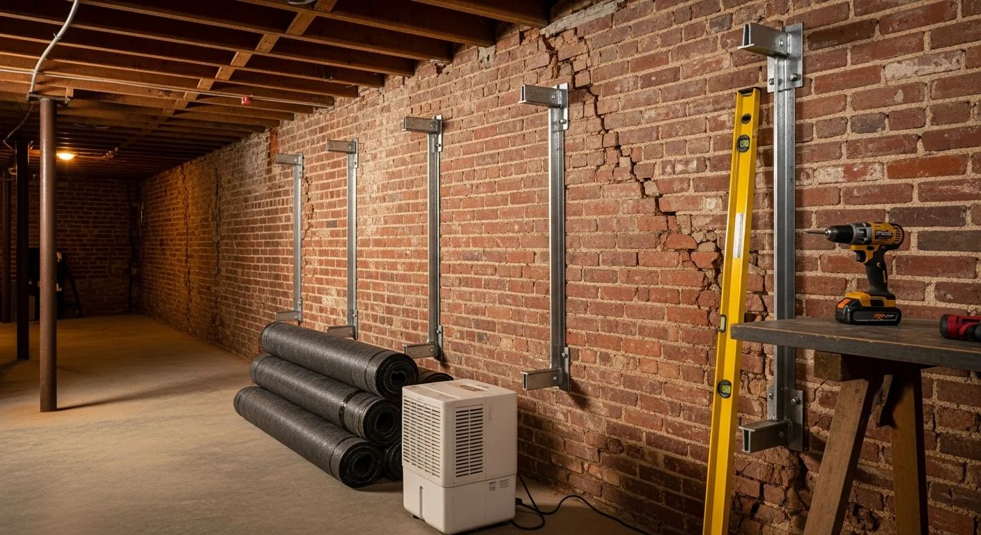A Baltimore City rowhouse basement showing a stabilized foundation wall with repaired stair-step brick cracks and reinforced masonry. Close-up view of completed foundation stabilization work on an older Baltimore home with visible structural repair along the lower wall.