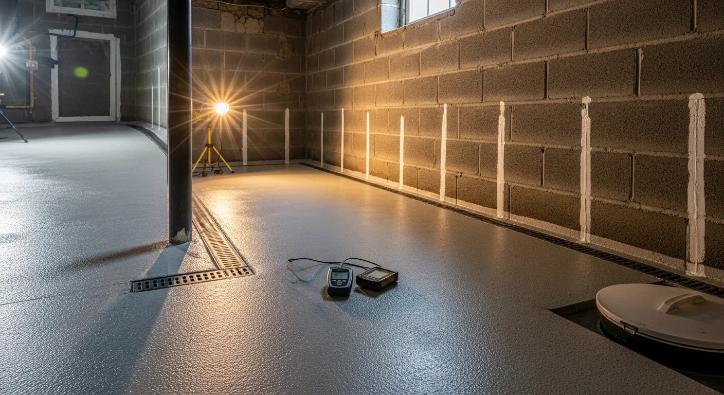Interior view of a Baltimore City rowhouse basement after waterproofing work, showing sealed foundation walls and a clean concrete floor free of water stains or moisture. A perimeter drainage channel runs along the base of the wall, directing water toward a sump basin in the corner.