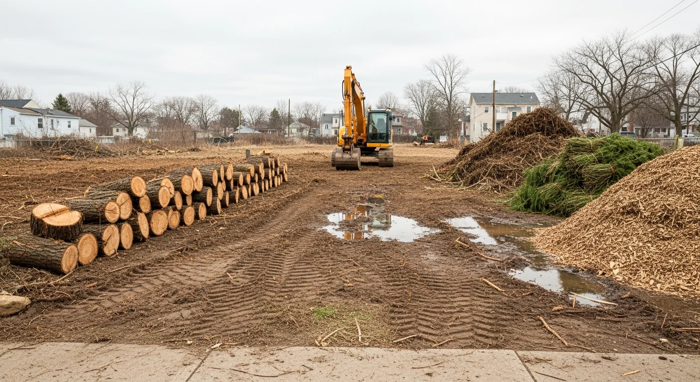A cleared residential lot in Baltimore City with trees, stumps, and brush fully removed, leaving flat bare ground ready for construction. Heavy excavation equipment is visible at the edge of the site near a row of neighboring properties.