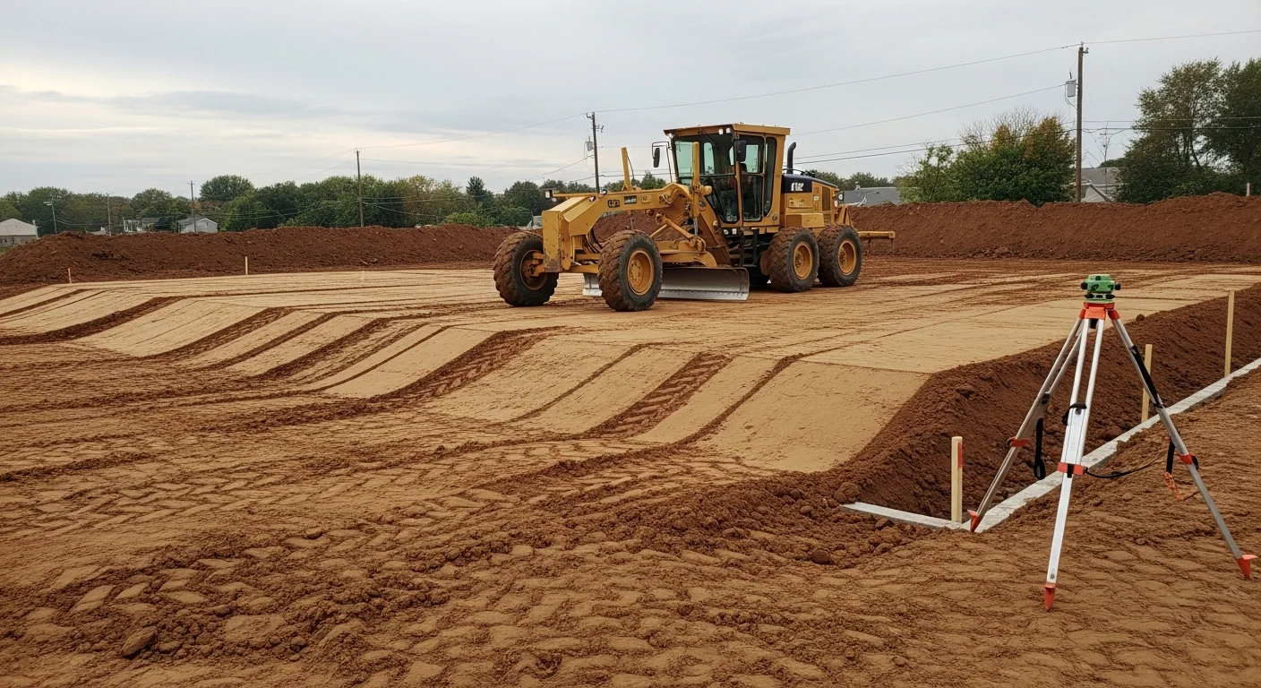 A Baltimore City residential lot after professional site grading, showing smoothly shaped earth sloping away from the home's foundation with no standing water. An excavation crew from Accurate Builders Of The Chesapeake levels the ground in preparation for construction.