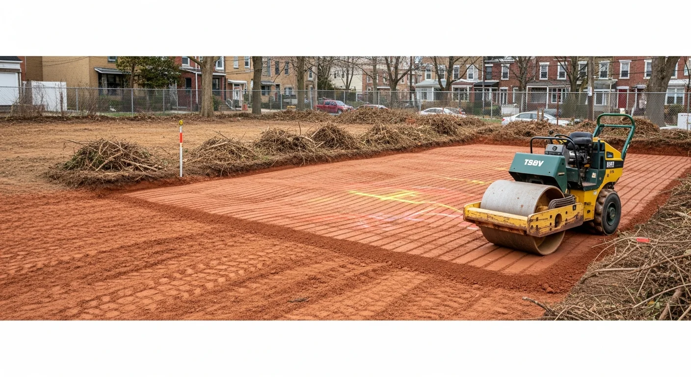An excavation crew operating a tracked excavator on a cleared and graded urban lot in Baltimore City, with exposed soil leveled and staged for foundation work. The surrounding rowhouse streetscape is visible in the background, showing the tight city lot conditions typical of Baltimore residential construction.
