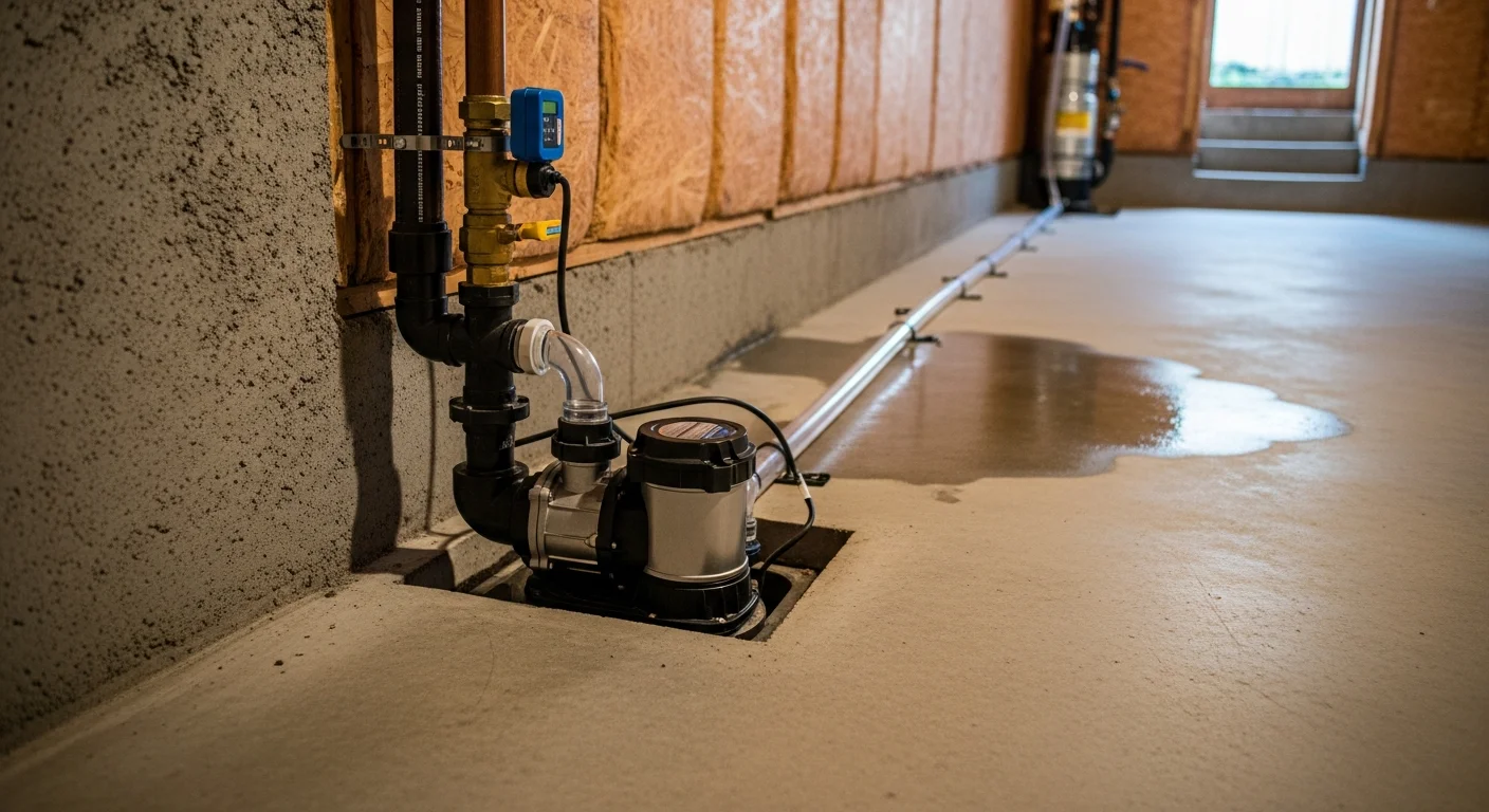 A newly installed sump pump system inside a Baltimore City basement, showing a sealed basin set into the concrete floor with a discharge pipe routed toward the exterior foundation wall. The surrounding basement floor is dry and clear of standing water.